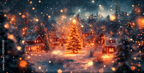 Peaceful winter village at night with snow Christmas lights and cozy houses