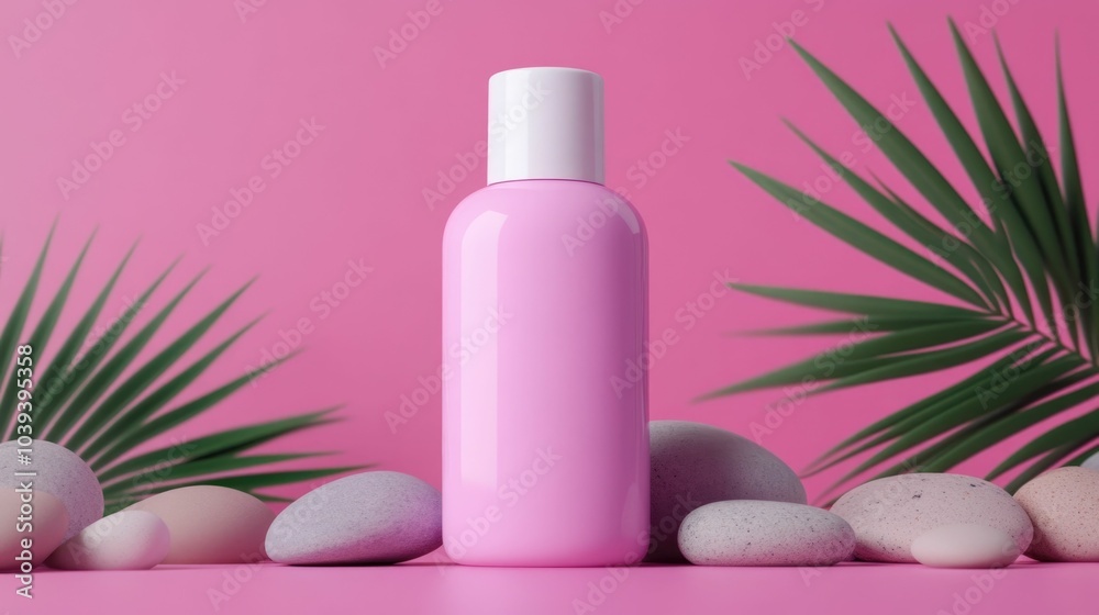 Lavender Luxury Pastel Bottle Nestled in Palm Leaves and Earthy Stones Hyper detailed rendering with bright water drops and deep depth of field Lavender Luxury Pastel Bottle Nestled in Palm Leaves and Earthy Stones Hyper detailed rendering with bright water drops and deep depth of field