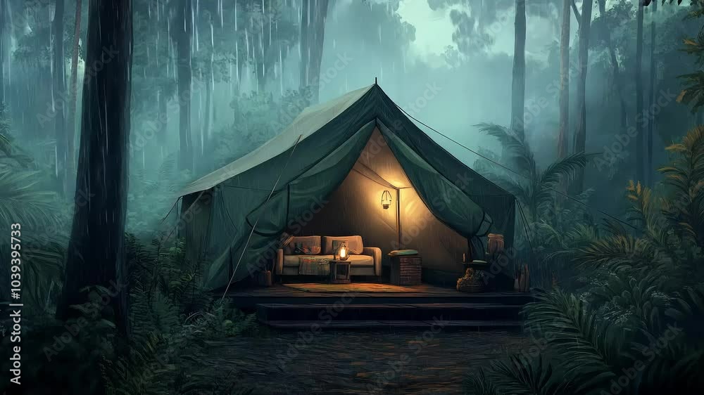 A cozy camping tent in the middle of the rainforest, lit with lantern light, with rain falling outside.