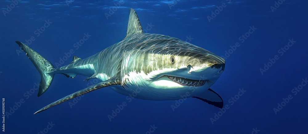 Fototapeta premium A Great White Shark swims through the clear blue ocean water with its mouth slightly open.