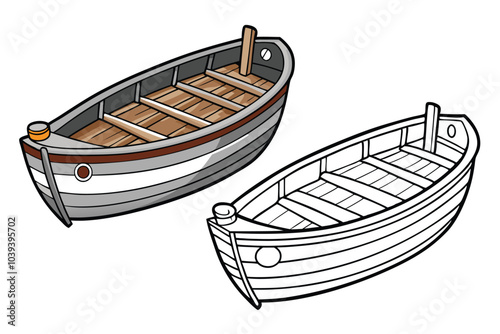 Elegant Wooden Boat Engraving Black and White Outline Illustration on white background.