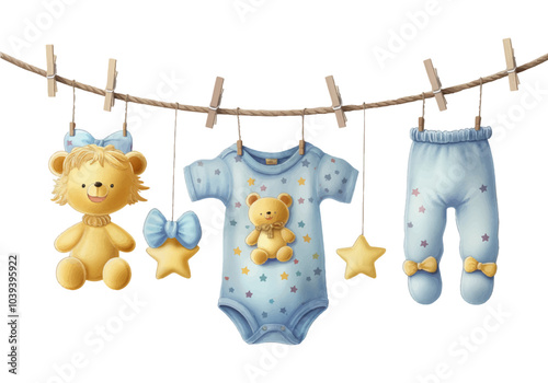 Cute baby shower watercolour with clothes for newborns drying on a rope