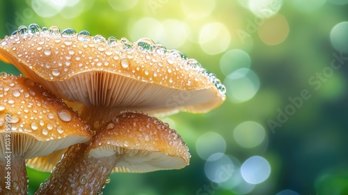 Dewy Mushrooms in Soft Green Background