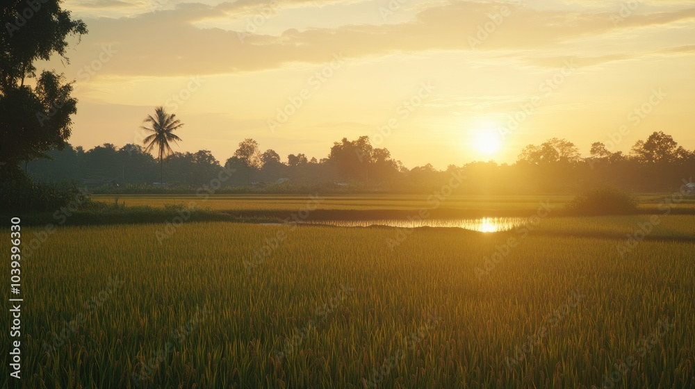 Serene Sunrise Over Golden Rice Fields Serene Sunrise Over Golden Rice Fields