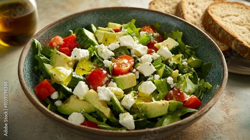 Fresh Avocado and Feta Salad with Tomatoes and Cucumbers