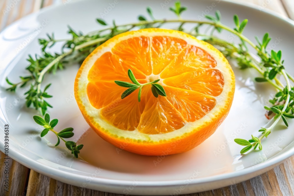Close-Up of a Juicy Orange Slice with Fresh Thyme on a White Plate, Vibrant Colors and Textures, Culinary Art, Conceptual Food Photography, Delicious Ingredients, Gourmet Presentation Close-Up of a Juicy Orange Slice with Fresh Thyme on a White Plate, Vibrant Colors and Textures, Culinary Art, Conceptual Food Photography, Delicious Ingredients, Gourmet Presentation