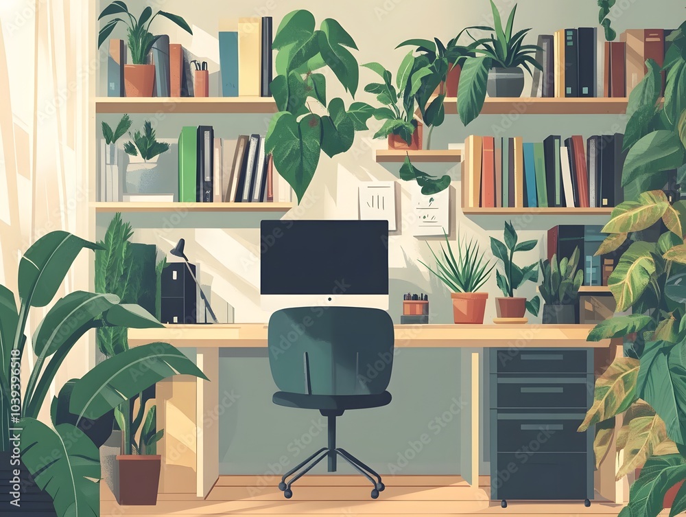 A cozy home office filled with lush greenery, showcasing an inviting desk, chair, and shelves lined with books and plants. A cozy home office filled with lush greenery, showcasing an inviting desk, chair, and shelves lined with books and plants.