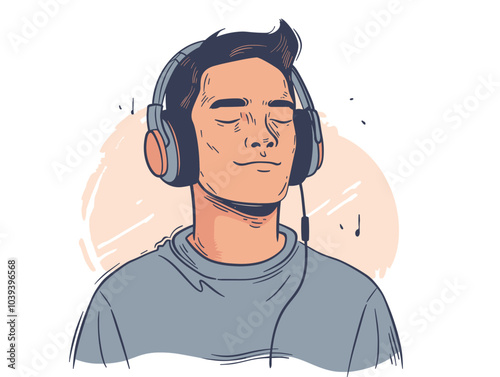 white background, Listening to calming music or nature sounds to relax before bedtime - isolate the man against a background of headphones and relaxing music., very simple and isolate in the style art