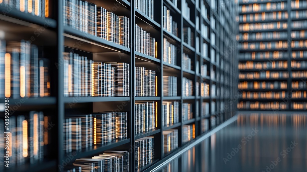 Fototapeta premium Modern library interior with shelves filled with books, warm lighting and sleek design.
