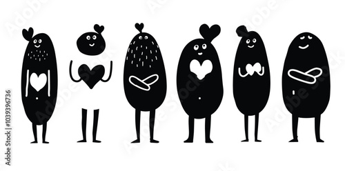 Abstract black and white figures with heart motifs display playful and whimsical designs.