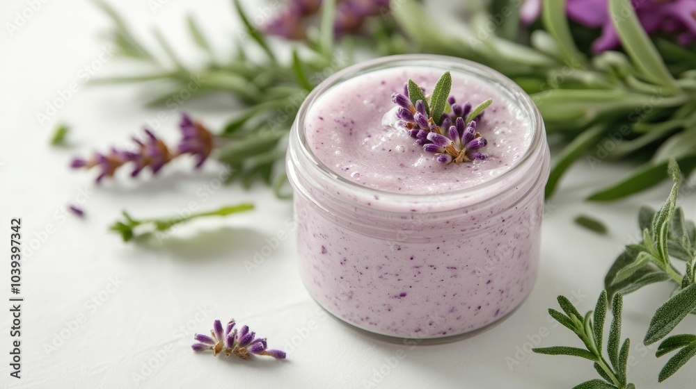 Close up of a lavender infused body scrub jar surrounded by fresh green herbs and delicate purple flowers creating a natural and calming spa like atmosphere