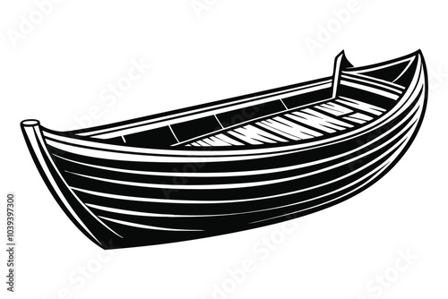 Elegant Wooden Boat Engraving Black and White Outline Illustration on white background.