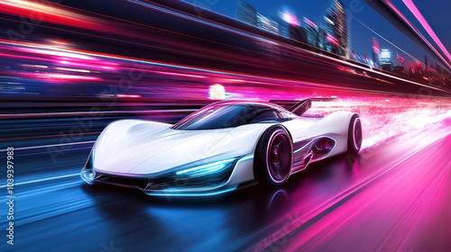 Sleek White Car in a Futuristic Racing Scene: Neon Light Trails, Nighttime City Lights, Driver's Eye View, Photorealistic Style with High Contrast.