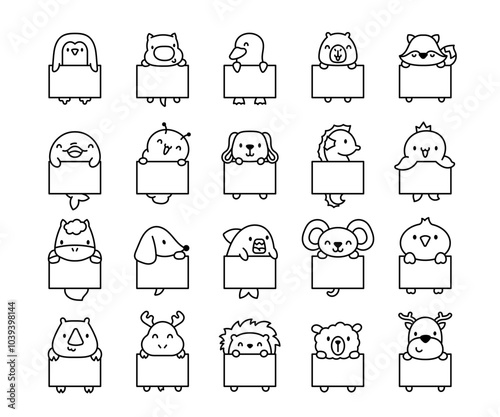 Cute animal holding a blank plaque. Coloring Page. Banner with space to write. Vector drawing. Collection of design elements.
