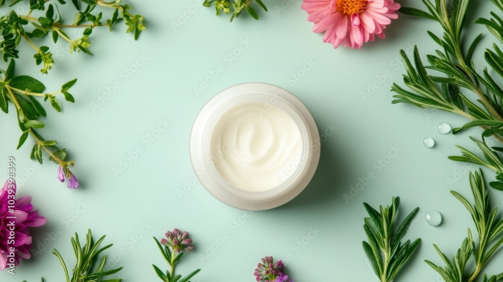 Soothing hand cream surrounded by vibrant green herbs and bright floral accents in soft pastel tones with delicate water droplets adding a effect and depth of field Soothing hand cream surrounded by vibrant green herbs and bright floral accents in soft pastel tones with delicate water droplets adding a effect and depth of field
