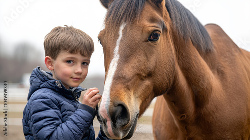 A young boy lovingly interacts with a friendly horse in a natural setting, showcasing the bond between humans and animals.