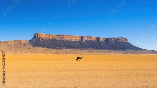 A lone camel walks across a vast, sandy desert with a towering mountain range in the distance. The sky is a clear blue, and the sun is shining brightly.