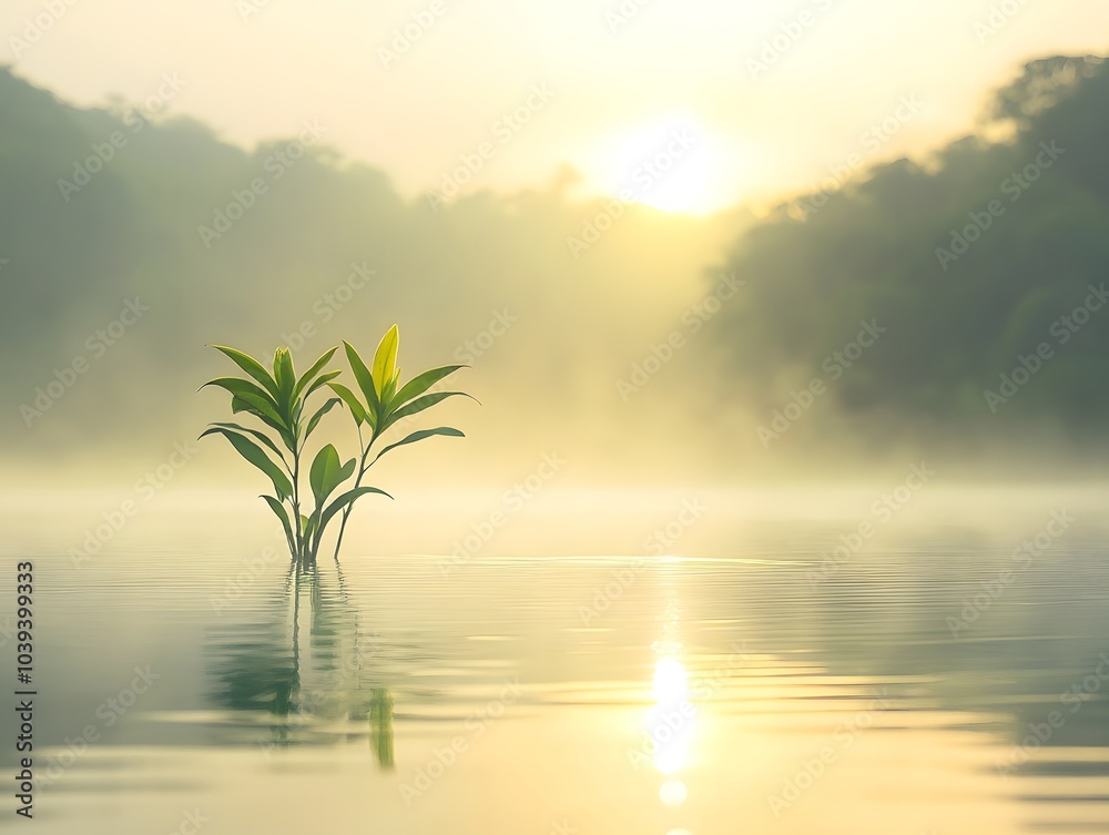 A tranquil scene featuring a single plant standing tall in calm water, with a soft mist and sunrise creating a serene atmosphere. A tranquil scene featuring a single plant standing tall in calm water, with a soft mist and sunrise creating a serene atmosphere.