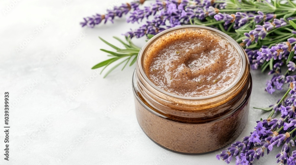 Luxurious body scrub jar in brown and green tones surrounded by bright lavender flowers and herbal accents presented with a hyper detailed Luxurious body scrub jar in brown and green tones surrounded by bright lavender flowers and herbal accents presented with a hyper detailed