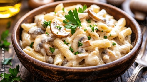 Creamy Pasta with Mushrooms and Herbs in Bowl