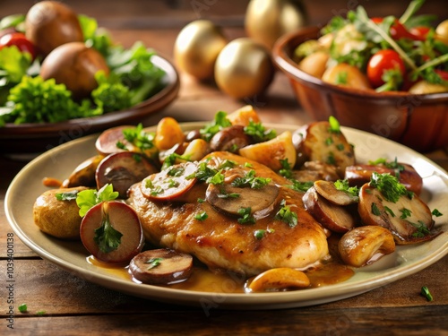 Delicious Chicken Marsala Dinner with Potatoes and Fresh Salad on Kitchen Counter, Gourmet Meal, Comfort Food, Italian Cuisine, Home Cooking, Food Photography, Culinary Delight