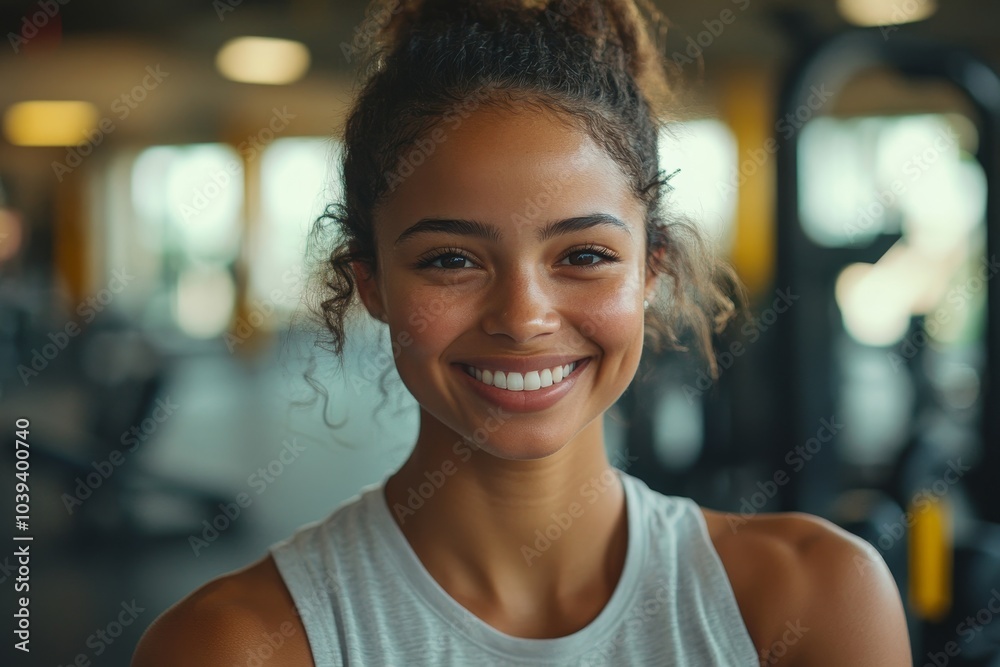 Smiling multi-ethnic female in gym after workout, Generative AI Smiling multi-ethnic female in gym after workout, Generative AI