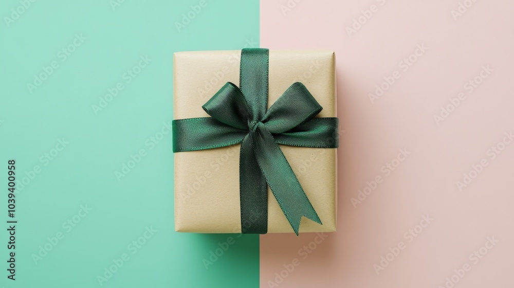 Minimalistic scene of a single gift box wrapped in kraft paper with green ribbon on a pastel background Minimalistic scene of a single gift box wrapped in kraft paper with green ribbon on a pastel background
