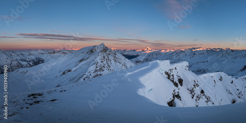 Edge of the mountain covered by snow at sunrise; winter in Queyras mountain range