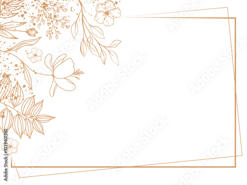 Gold Luxury Floral vector frame. Branches, leaves isolated on transparent background. Greenery wedding simple minimalist invitations Golden line Border. Vintage decoration ornament element