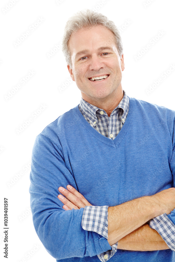 Mature, business and man for portrait in studio with confidence, corporate career and finance executive. Smile, person or arms crossed of investment goal, about us and opportunity on white background Mature, business and man for portrait in studio with confidence, corporate career and finance executive. Smile, person or arms crossed of investment goal, about us and opportunity on white background
