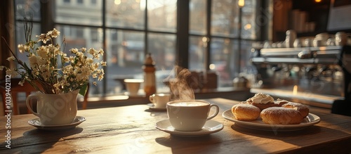 A cup of coffee with a pastry and a vase of flowers on a wooden table in a cafe, with a large window and a coffee machine in the background.