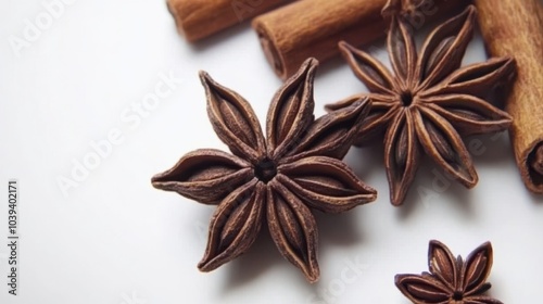 Close-up of Star Anise and Cinnamon Sticks on White Background 