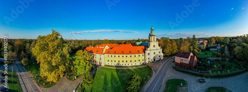 Panorama Opactwa Cystersów w Rudach,  romańsko–gotyckie opactwo w Rudach w powiecie raciborskim, w województwie śląskim, z pięknym parkiem jesienią z lotu ptaka photo