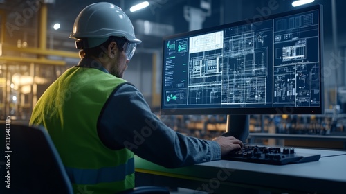 Engineer reviewing a project: An engineer evaluates advanced technical diagrams on a digital display in an advanced industrial workspace