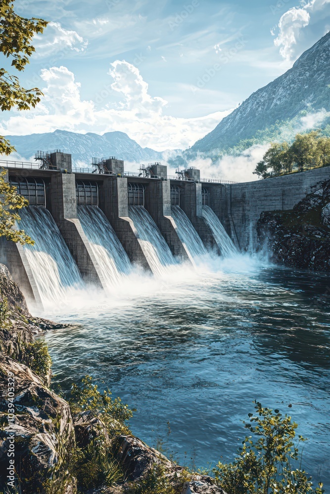 Dynamic 3D digital twin visualization of a hydroelectric dam showing energy processes. Dynamic 3D digital twin visualization of a hydroelectric dam showing energy processes.