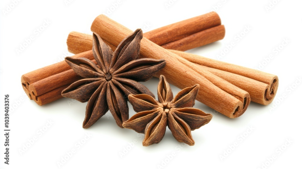 Close-up of Star Anise and Cinnamon Sticks on White Background
Close-up of Star Anise and Cinnamon Sticks on White Background
