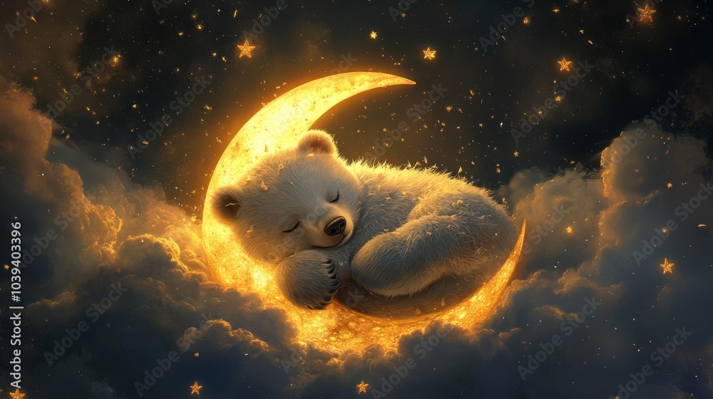 2408 2.A fluffy bear gently curled up on a glowing crescent moon ...