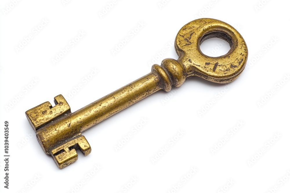 An Antique Brass Key with Worn Surface and Intricate Details An Antique Brass Key with Worn Surface and Intricate Details