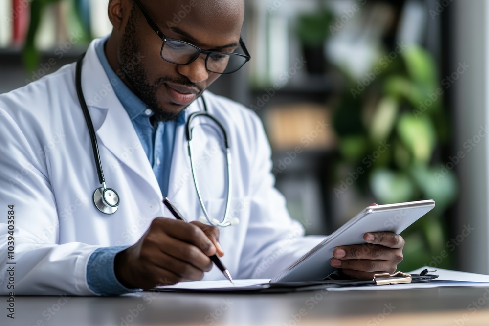 Doctor with digital tablet writing notes at his desk, Generative AI Doctor with digital tablet writing notes at his desk, Generative AI
