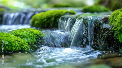 Tranquil Flow of Water Serene Stream and Waterfall Over Moss Covered Rocks in Lush Greenery Landscape of Natures Peace