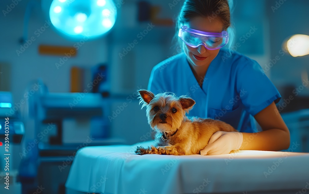 Veterinarian caring for a small dog in a modern clinic, showcasing compassion and expertise in animal healthcare. Veterinarian caring for a small dog in a modern clinic, showcasing compassion and expertise in animal healthcare.