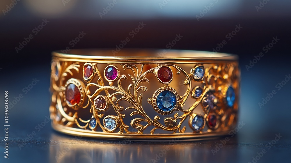 Customdesigned gold cuff bracelet with gemstone inlays and ornate filigree patterns reflecting light in a sleek jewelry display with a modern aesthetic Customdesigned gold cuff bracelet with gemstone inlays and ornate filigree patterns reflecting light in a sleek jewelry display with a modern aesthetic