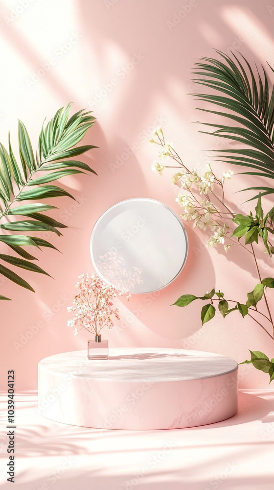 Elegant display of nature-inspired elements on a pink podium featuring delicate flowers and lush greenery for a serene ambiance Elegant display of nature-inspired elements on a pink podium featuring delicate flowers and lush greenery for a serene ambiance