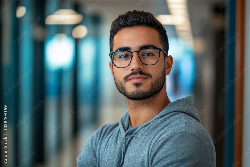 Fototapeta premium Man in casuals standing at office hallway, Generative AI