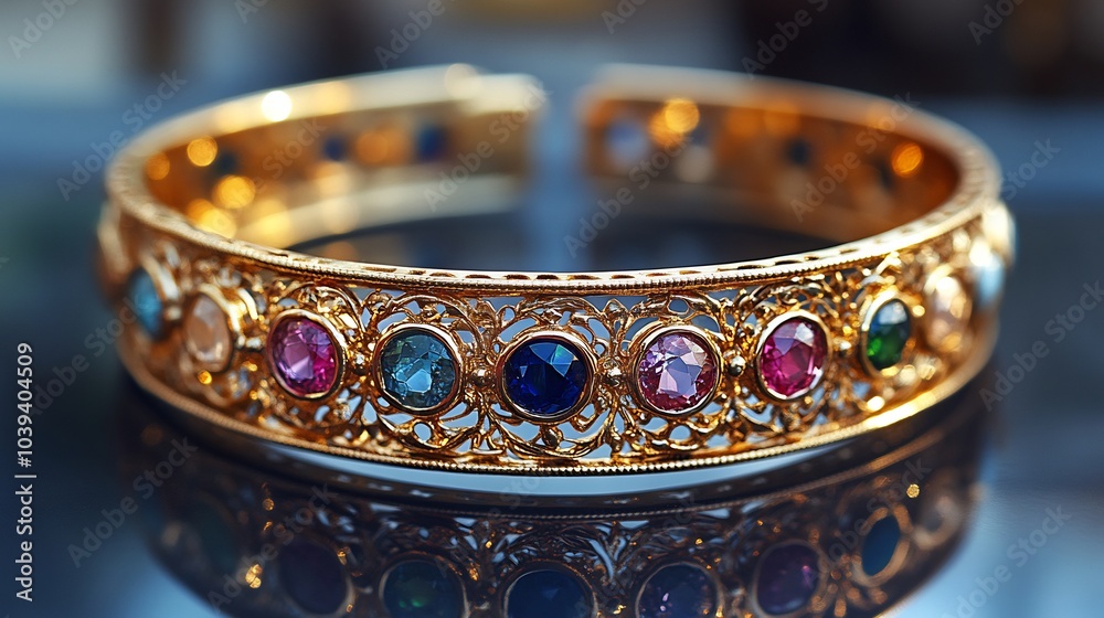 Customdesigned gold cuff bracelet with detailed filigree work and shimmering gemstones elegantly displayed on a mirrored surface Customdesigned gold cuff bracelet with detailed filigree work and shimmering gemstones elegantly displayed on a mirrored surface