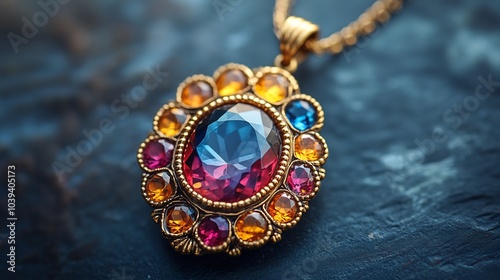 Custom gemstone pendant in an ornate setting displayed on a clean minimalistic surface focusing on the vibrant hues and intricate design