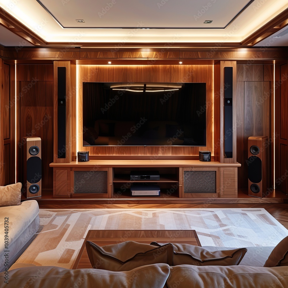 Elegant Media Room with Built In TV Unit and High Fidelity Speakers Elegant Media Room with Built In TV Unit and High Fidelity Speakers
