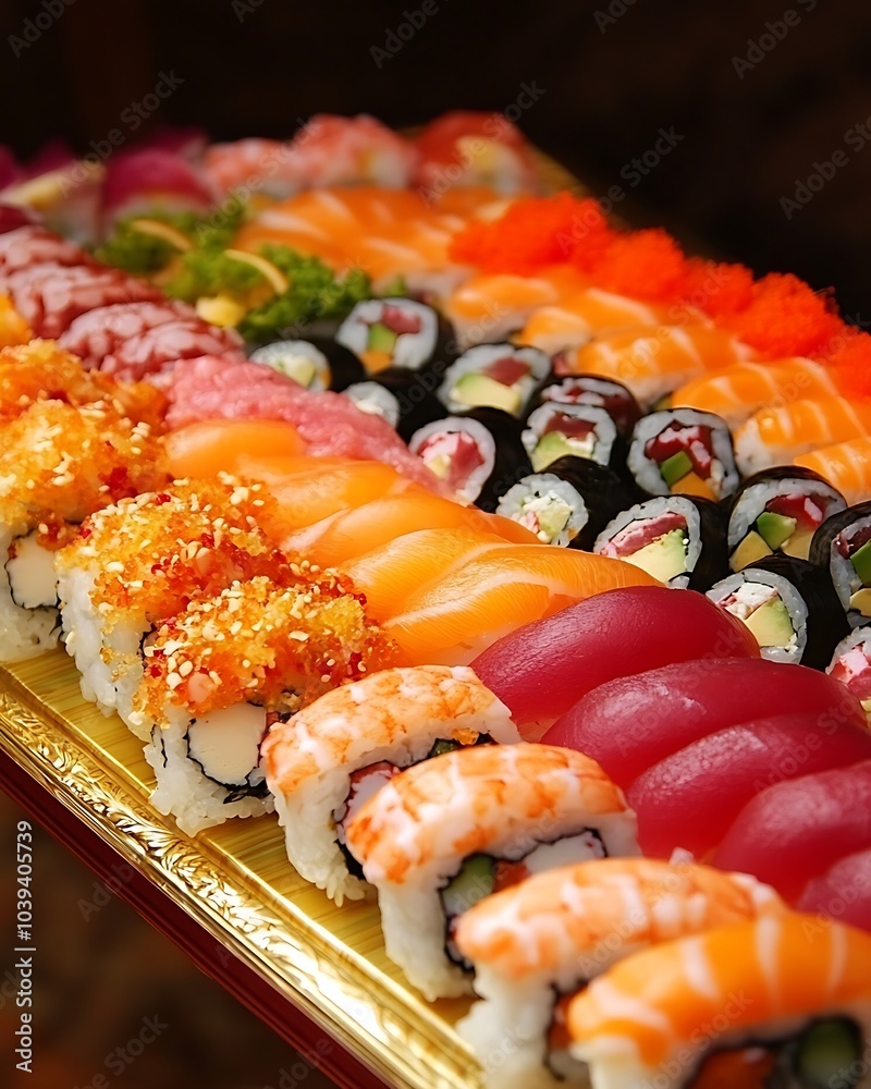 A beautifully arranged sushi platter with vibrant colors and textures, illuminated by soft, diffused light, perfect for showcasing culinary artistry, ample space for promotional text A beautifully arranged sushi platter with vibrant colors and textures, illuminated by soft, diffused light, perfect for showcasing culinary artistry, ample space for promotional text