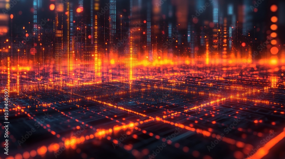 Naklejka premium Futuristic digital landscape with glowing data visualizations.