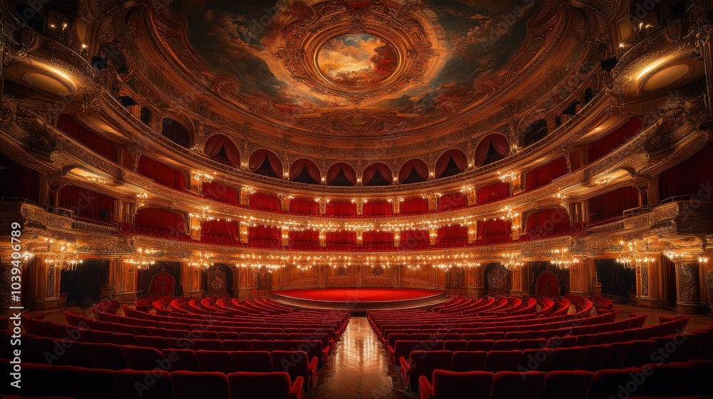 Obraz premium A grand theater interior with ornate decorations and red seating.